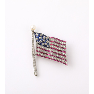 A Platinum mounted Sapphire, Ruby, Diamond, & Pearl American Flag Brooch